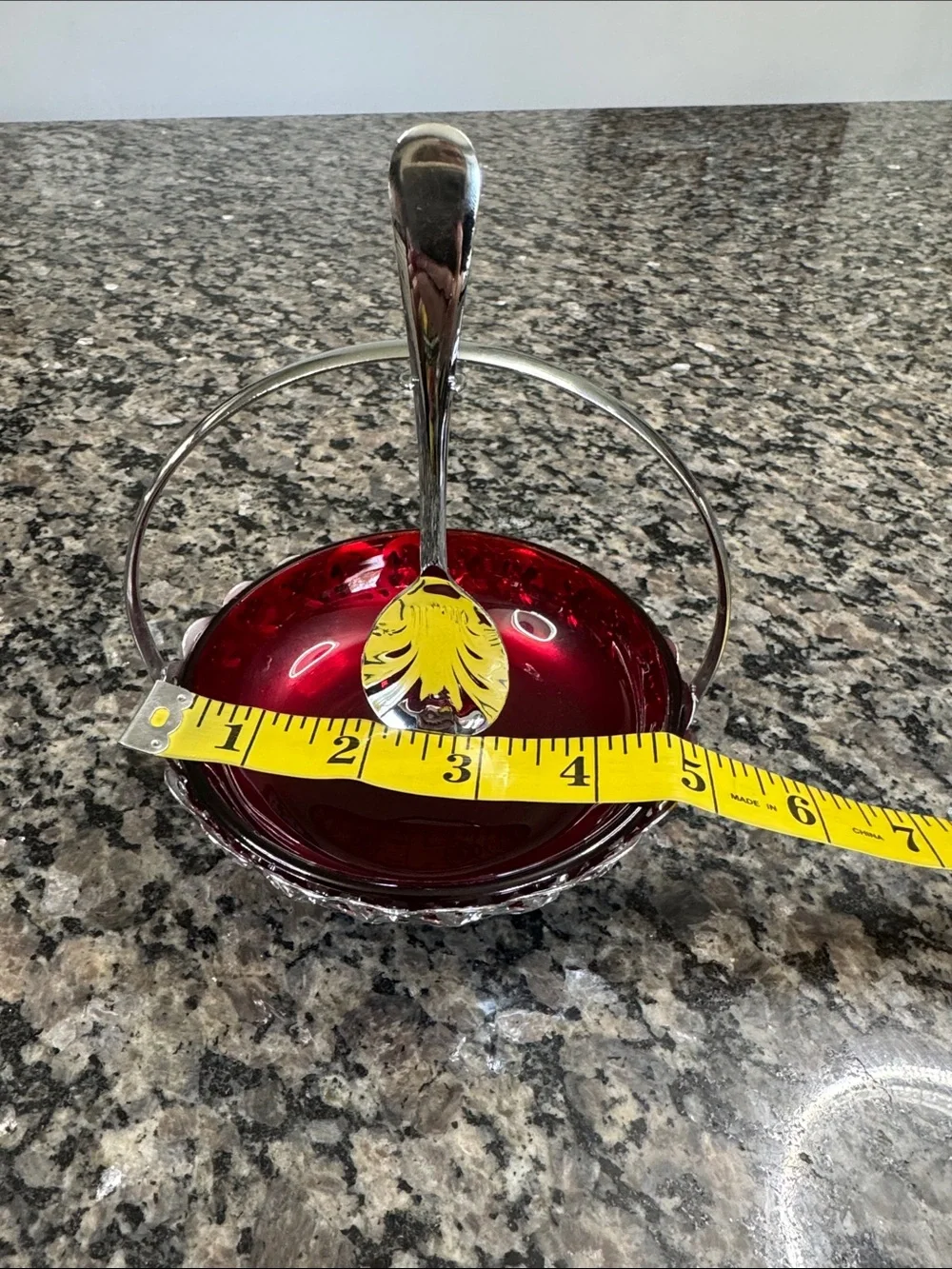 Silver-Trim Ruby Red Glass condiment Dish with hanging Spoon EUC